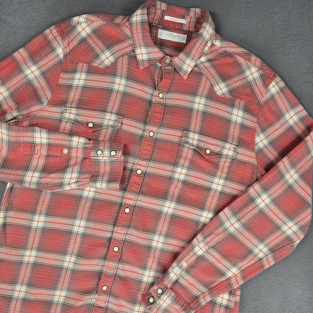 Lucky‎ Brand Shirt Mens Medium Red Plaid Flannel Western Snap Button Long Sleeve